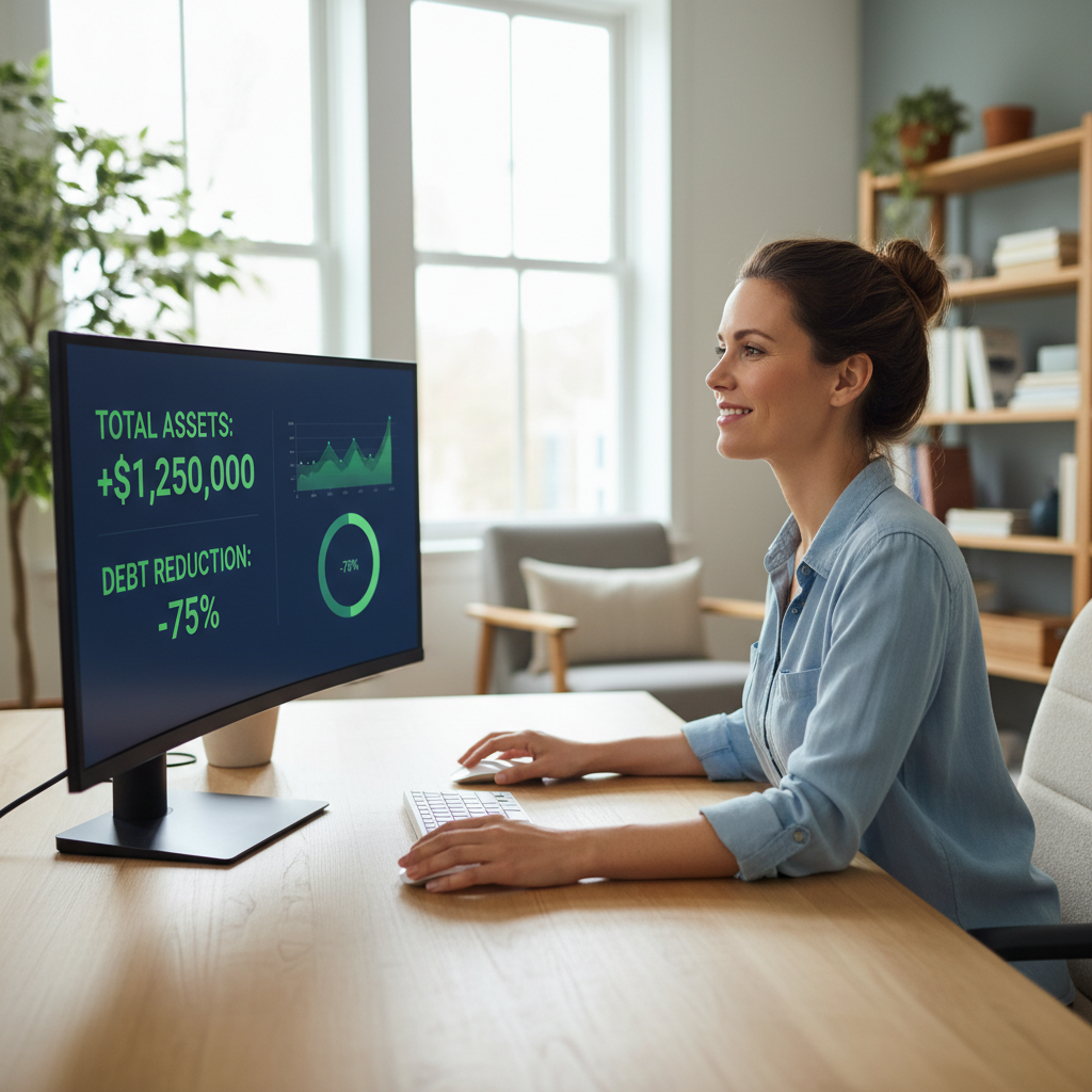 A person looking relieved and confident, reviewing a digital financial dashboard showing a positive balance and reduced debt. The setting is bright and modern, perhaps a home office. Photorealistic style with a focus on positive emotion.
