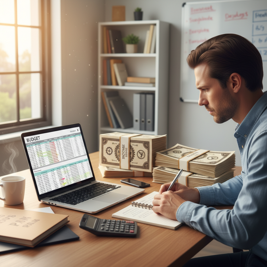 A person sitting at a desk with a laptop, looking focused and determined while reviewing a budget spreadsheet. There are neat stacks of bills (metaphorical) on the desk, symbolizing organization. The scene should be well-lit and realistic, conveying financial planning.