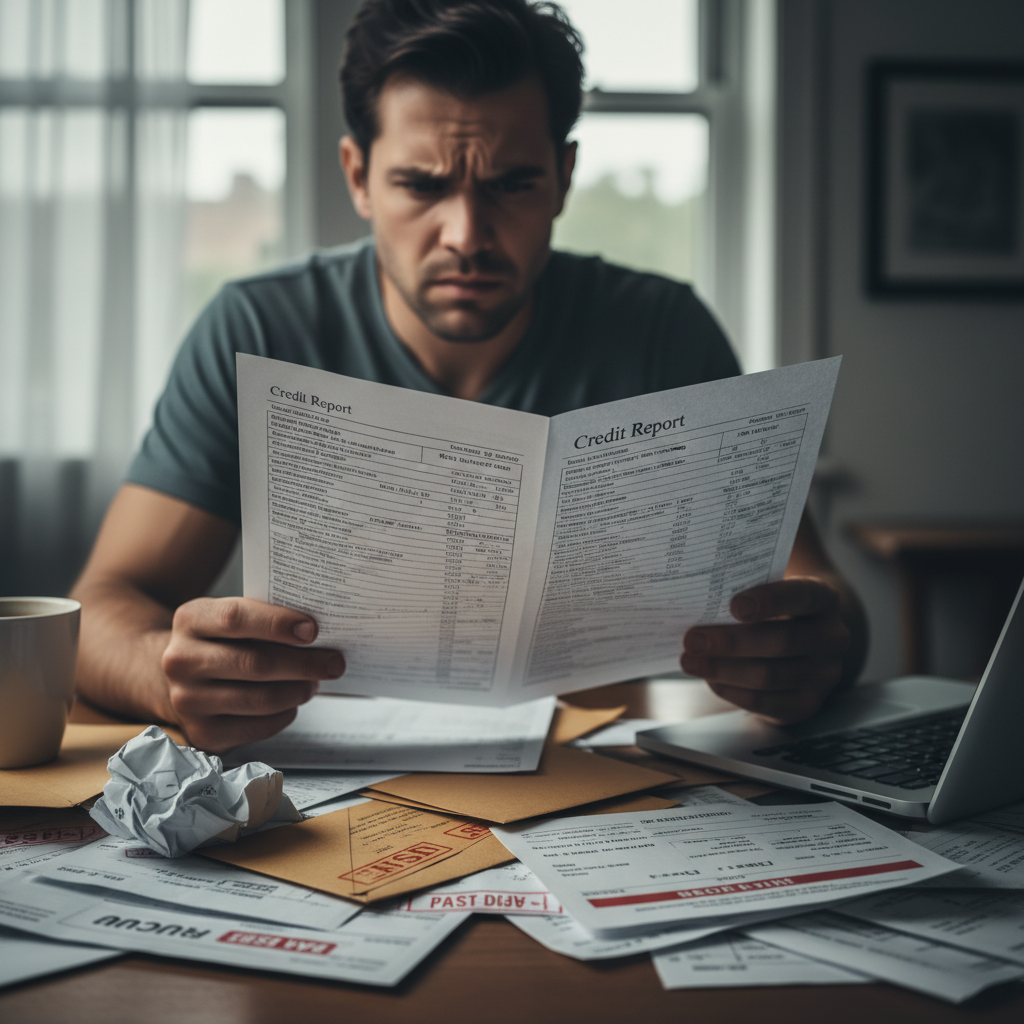 A person with a worried expression looking at a printed credit report, with various bills scattered on a desk around them, in a realistic, slightly desaturated style.
