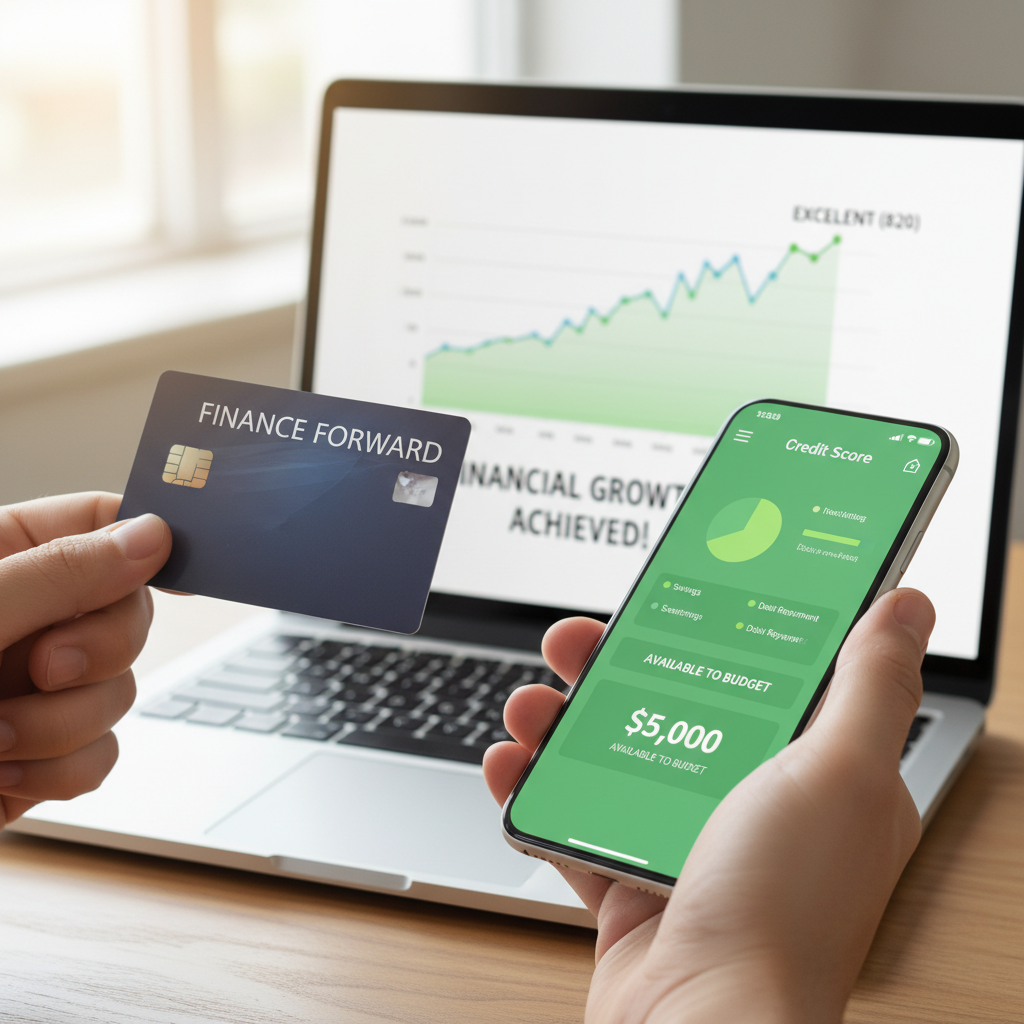 A close-up, photorealistic shot of hands holding a credit card and a smartphone displaying a budgeting app, with a laptop showing a positive credit score graph in the background, conveying financial responsibility and optimism.
