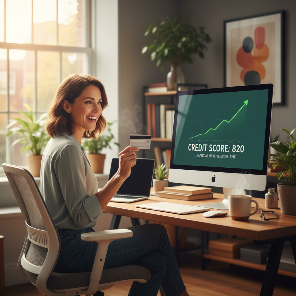 A person smiling confidently while looking at a credit card statement or online banking portal, showing a healthy credit score graph on the screen. The setting is a modern home office with natural light, symbolizing financial growth and security.