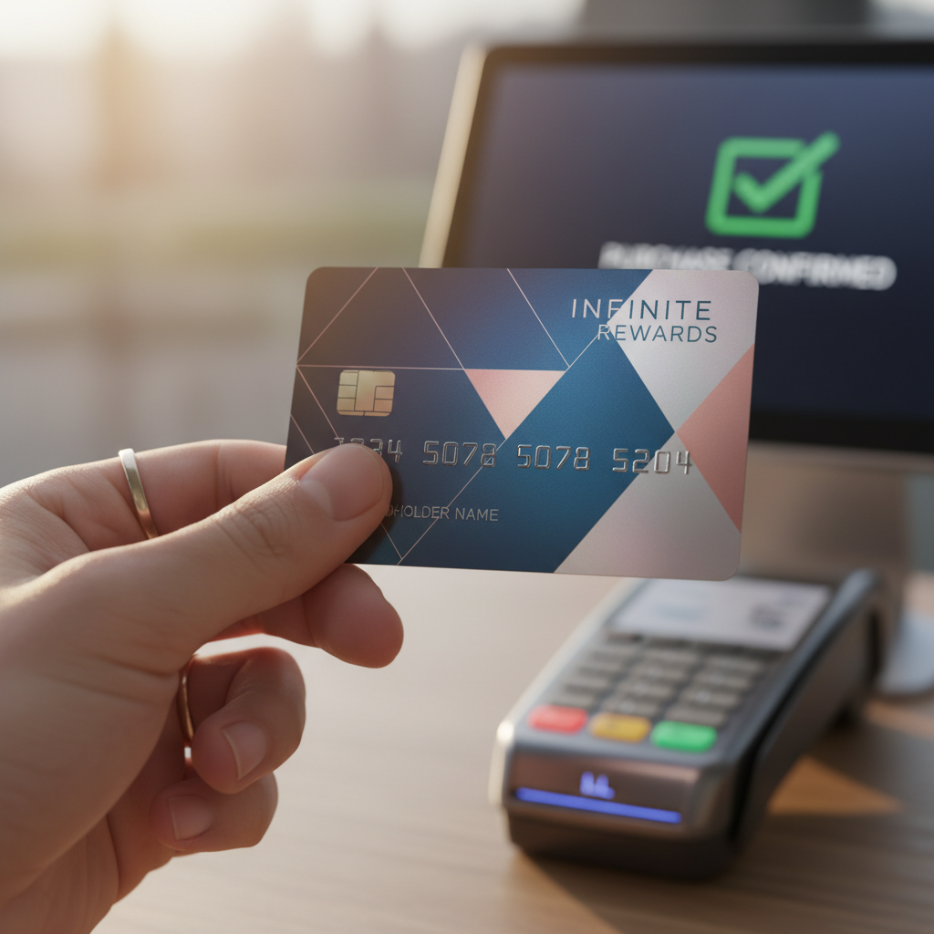 A close-up, photorealistic shot of a young person's hand confidently holding a sleek, modern credit card, slightly tilted to reveal the card's design. In the background, out of focus, is a subtle hint of a modern payment terminal or a laptop screen showing an online purchase confirmation. The lighting is warm and inviting, conveying a sense of accomplishment and financial empowerment.