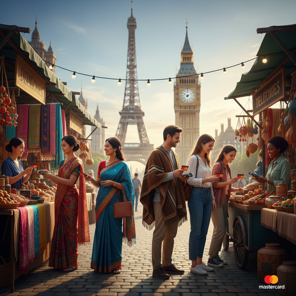 A diverse group of people from different countries happily using their Mastercard credit cards at various international vendor stalls, with famous landmarks like the Eiffel Tower and Big Ben subtly blurred in the background, conveying global acceptance and convenience. Photorealistic, vibrant colors.