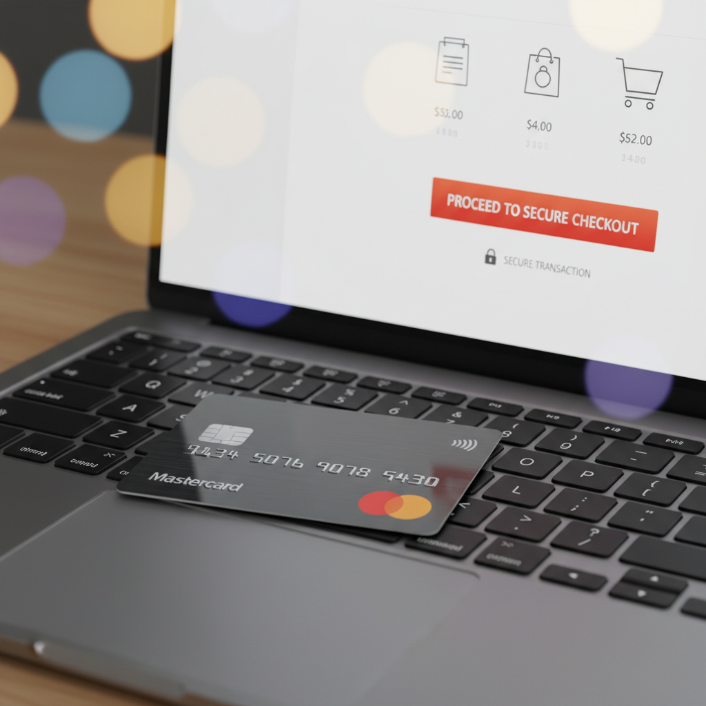 A close-up, high-angle shot of a sleek, modern credit card with the Mastercard logo on a laptop screen displaying an online shopping cart, surrounded by soft bokeh lights, emphasizing secure online transactions and convenience. Photorealistic, clean design.